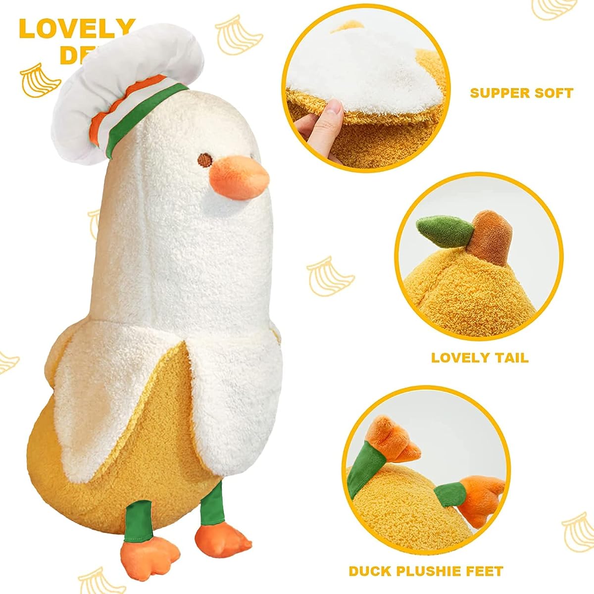 Banana Duck Long Banana Chef Duck Plush Pillow — White 12" — view 3