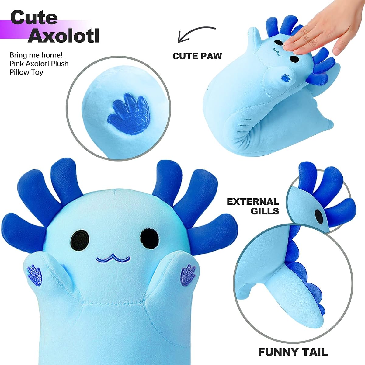 Blue Long Axolotl Plush Pillow Axolotl — 34" — view 3