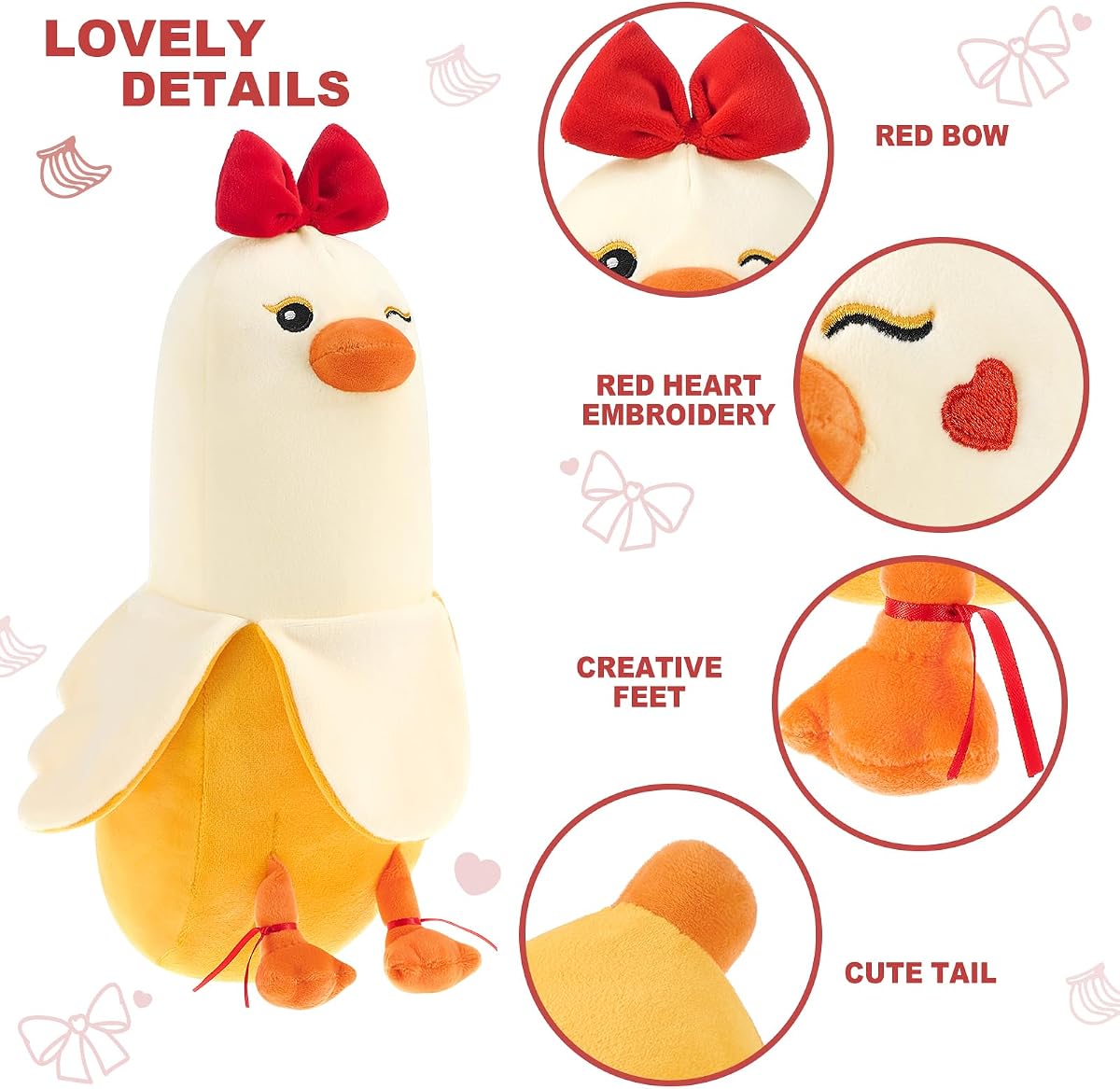 Bow Banana Duck Romantic Hugging Plush Pillow Sweet Duck — 12" — view 3