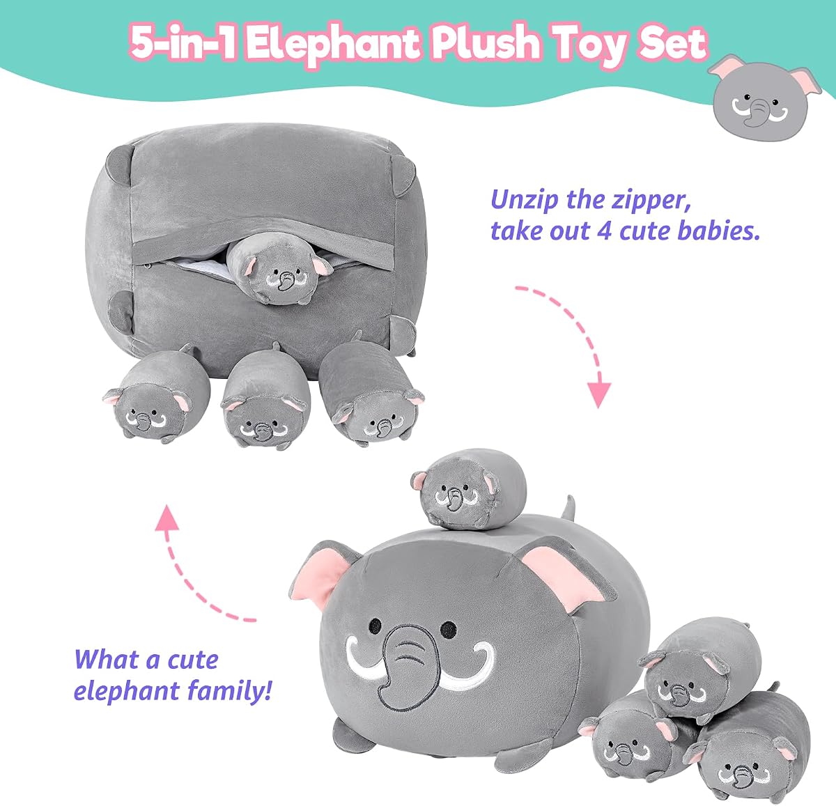 Elephant 1 Mommy with 4 Babies Inside, 5 Pieces Set Plush — 15.7" — view 4