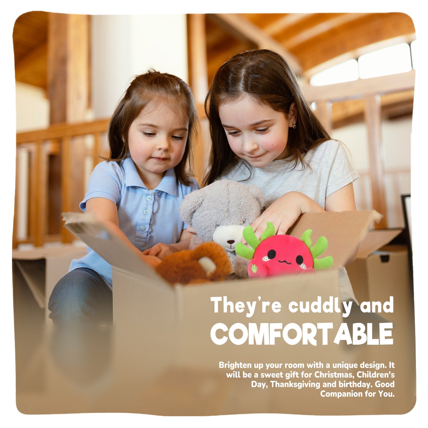 Two children unpacking PEACH CAT plush toys from a cardboard box