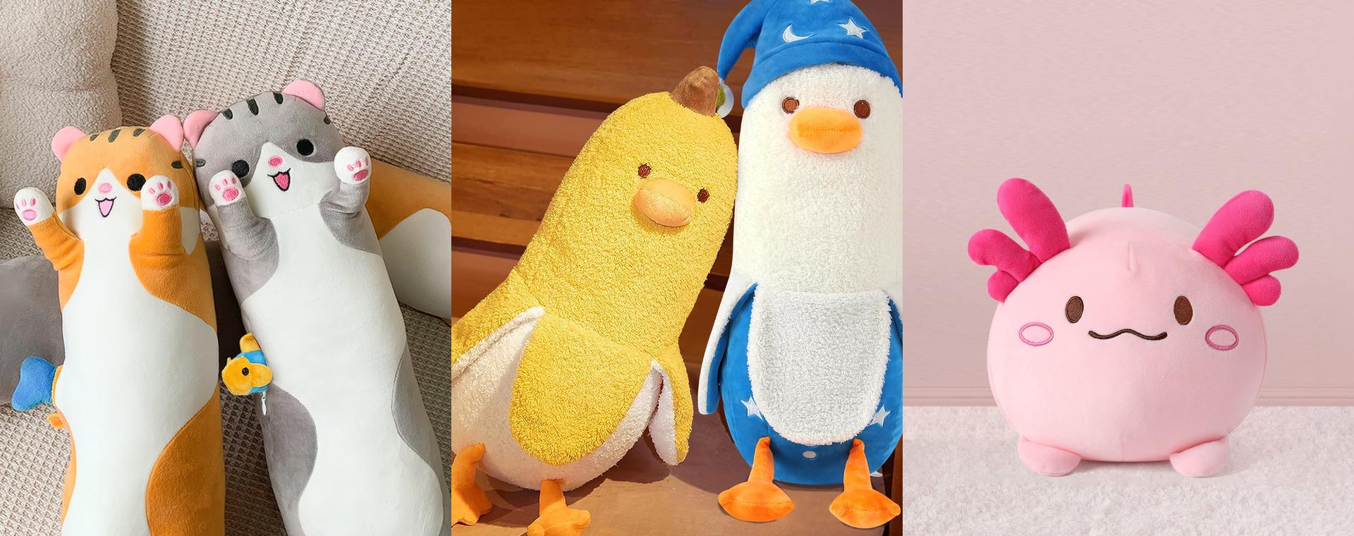 PEACH CAT long cat pillows, two banana duck plushies and a pink axolotl plush