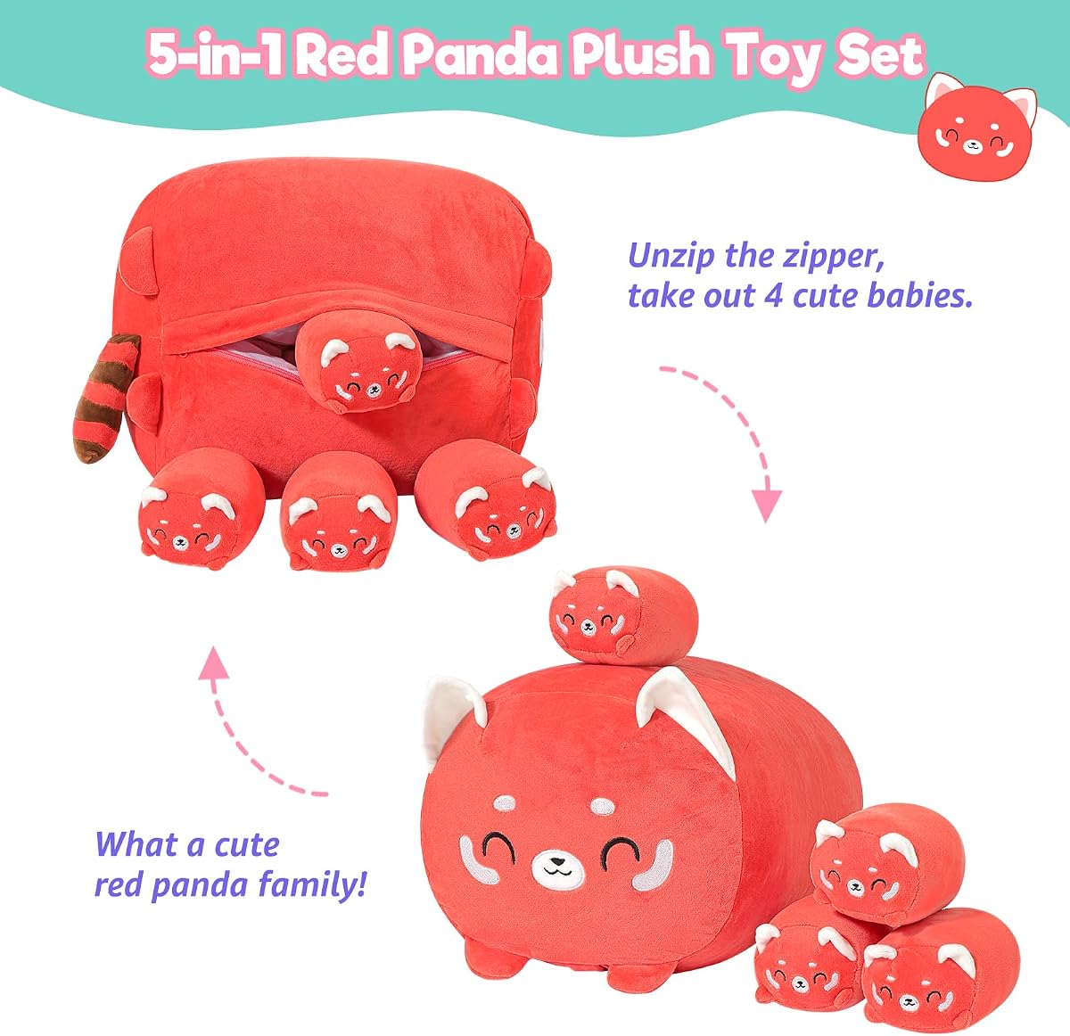 Red Panda 1 Mommy with 4 Babies Inside, 5 Pieces Set Plush — 15.7" — view 4
