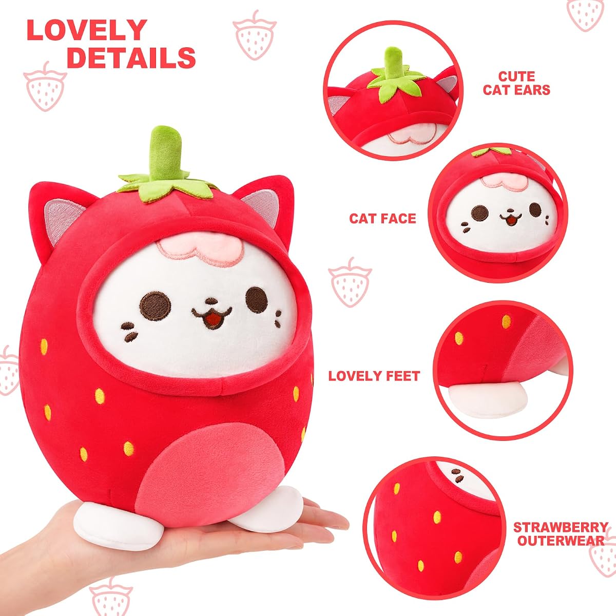Strawberry Cat Plush Pillow Kitten Cat with Strawberry Outerwear — Red 8" — view 4